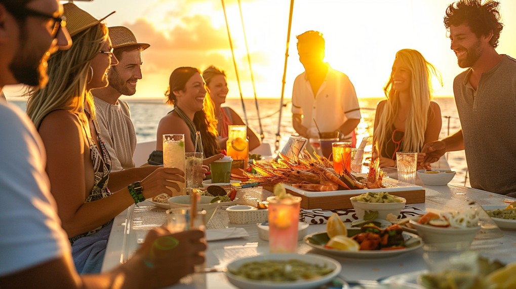 Group enjoying food and drinks together on a yacht at sunset